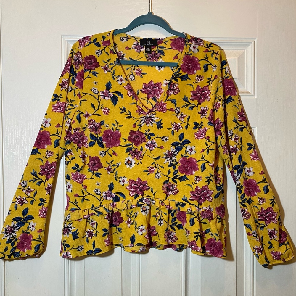 I.N. San Francisco Floral Yellow Top with Purple Accents